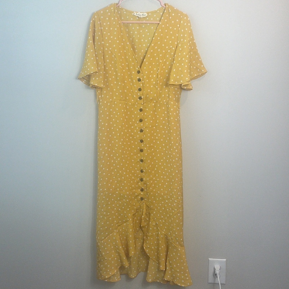 Indian Rose prairie asymmetrical midi polka dot dress women size medium